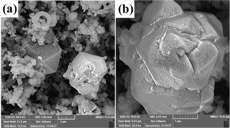 SEM images of the product prepared from Cu and Mn nitrate salts in the presence of sucrose via sol–gel method after annealing at 850 ˚C for 4 h (sample 4).