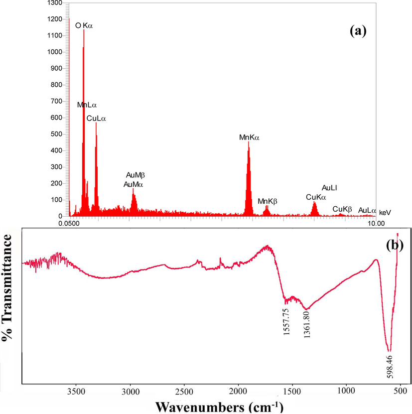 (a) EDS and (b) FT-IR spectra of the product prepared from Cu and Mn salts in the presence of sucrose via sol–gel method at 850 ˚C for 2 h (sample 1).