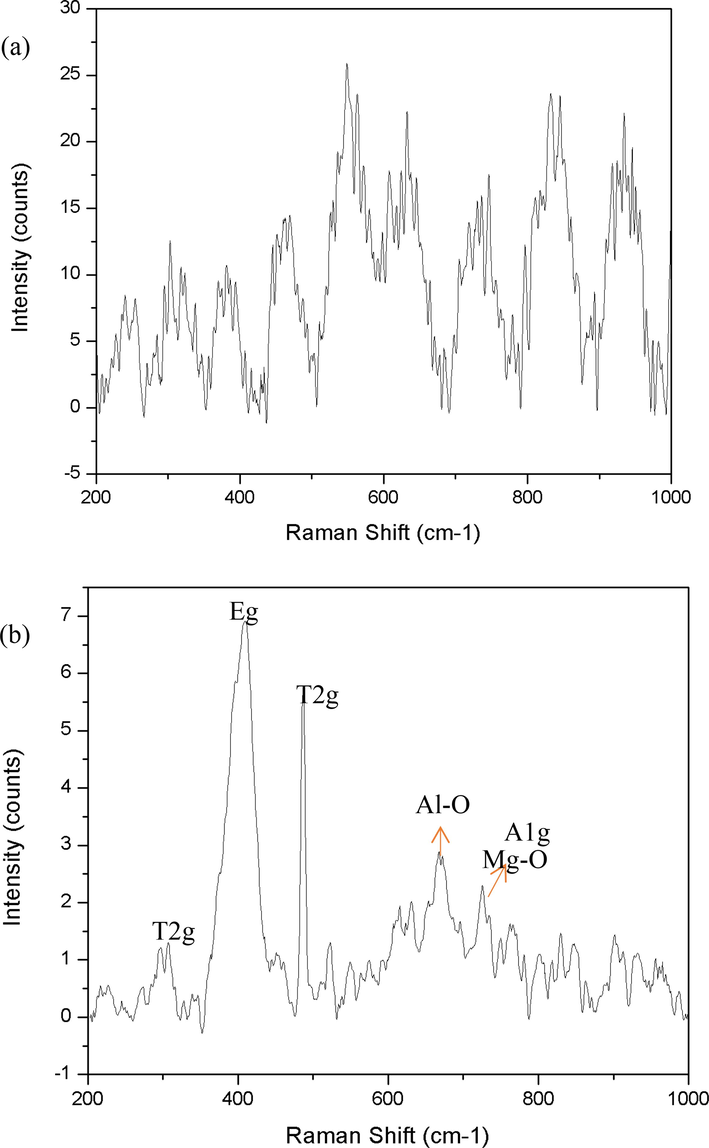 Raman spectrum of the gel of spinel before (a) and after (b) calcination step.