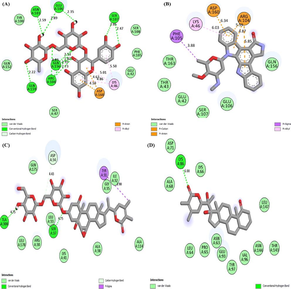 2D molecular interaction of IL-6 with (A) Rutin (B) Staurosporine (C) Withanoside II (D) Withanolide L (E) Withanoside IV.