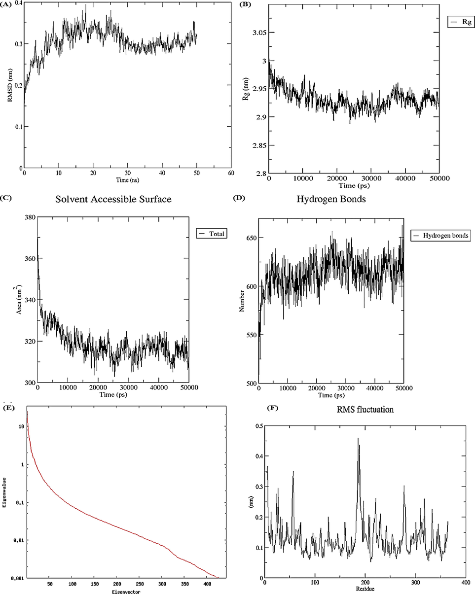 Molecular dynamic simulations via WebGro (A) RMSD (B) Rg (C) SASA (D) Hydrogen bonds (E) Eigenvalues (F) RMSF.