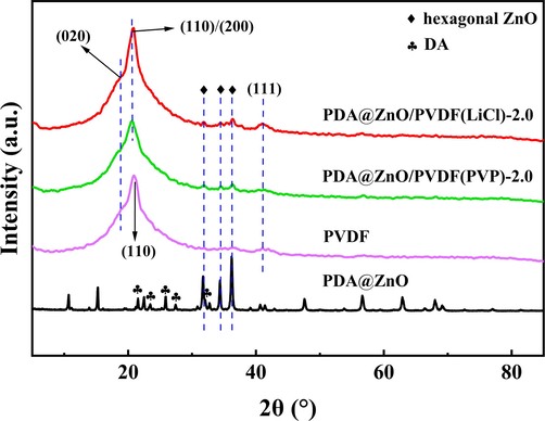 XRD pattern of PDA, ZnO, PDA@ZnO nanoparticles, pure PVDF membrane, and PDA@ZnO/PVDF hybrid membranes.