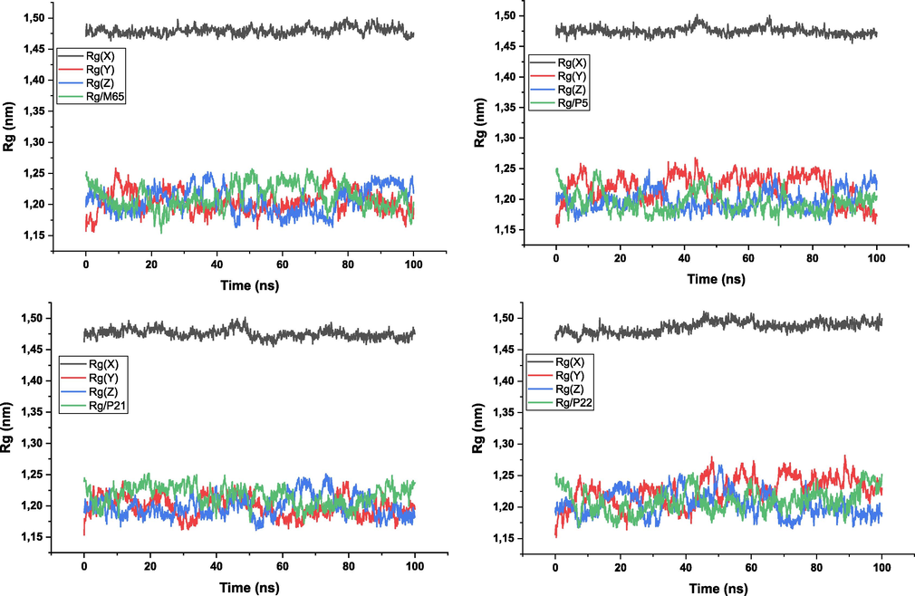 Radius of gyration values of the complexes during 100 ns of MD simulations.