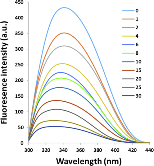 Fluorescence quenching of HSA (2 µM) under the interaction with PCA with increasing concentrations (1–30 µM) at room temperature.