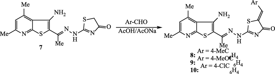 Synthesis of thienopyridine-thiazolin-4-one hybrid 8, 9, and 10.