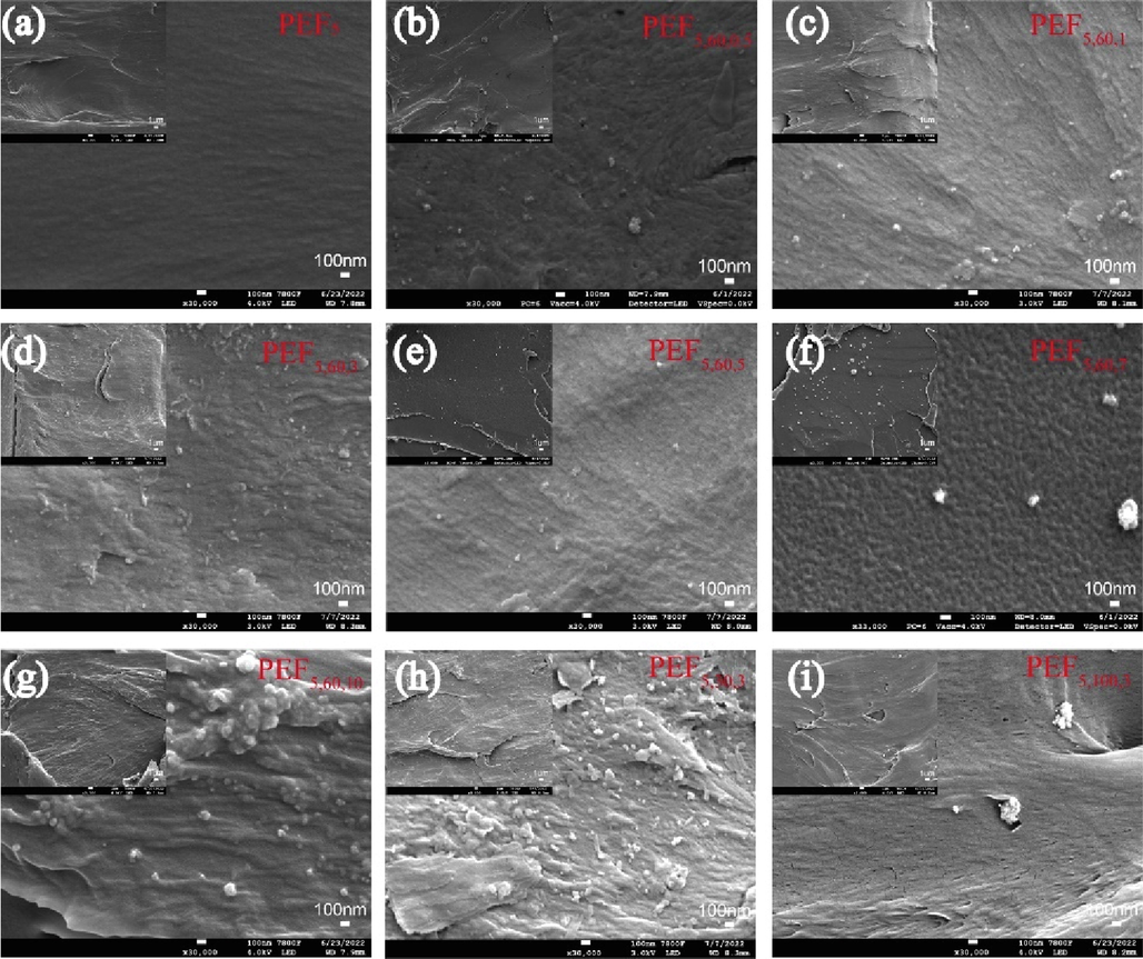 SEM micrographs of the fractured surfaces of PEF5 and PEF/TiO2 nanocomposites: a) PEF5, b) PEF5,60,0.5, c) PEF5,60,1, d) PEF5,60,3, e) PEF5,60,5, f) PEF5,60,7, g) PEF5,60,10, h) PEF5,30,3, i) PEF5,100,3.