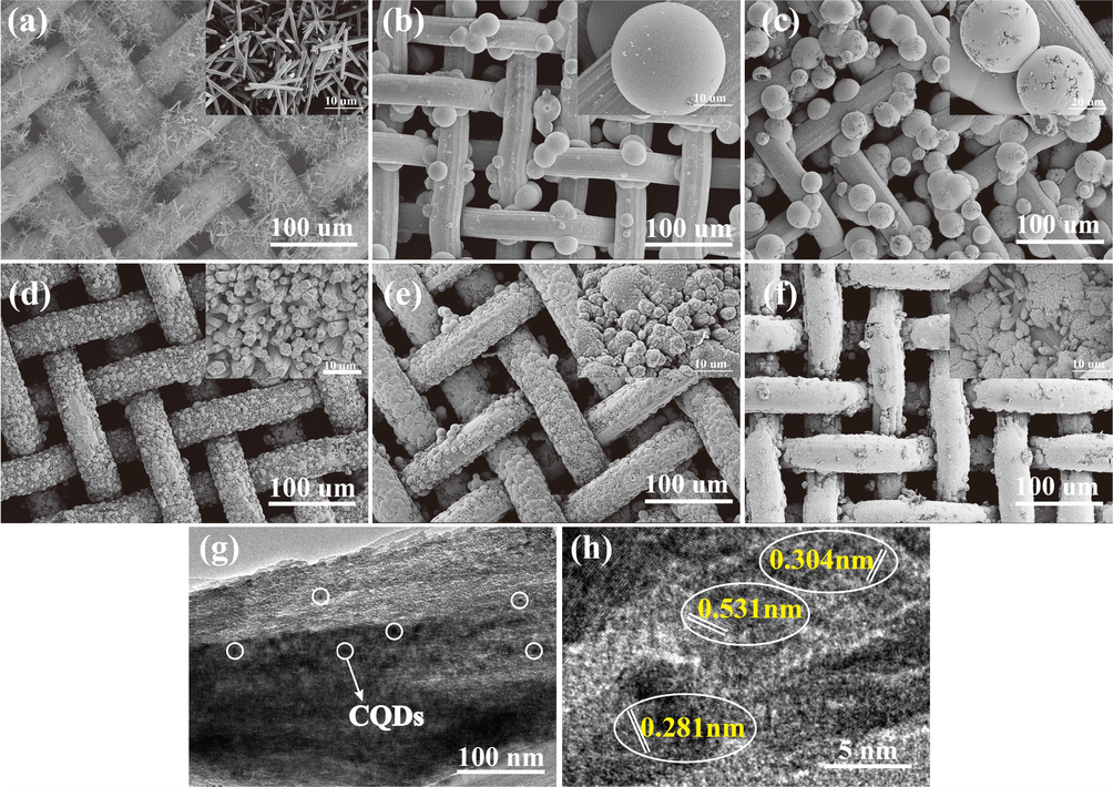 (a-f) SEM images of pure ZnO array (a) and CQDs/ZnO-x arrays [x = 1 (b), 2 (c), 3 (d), 4 (e) and 5 (f)] on steel wire mesh; (g-h) The TEM (g) and HRTEM (h) images of CQDs/ZnO-3 sample.