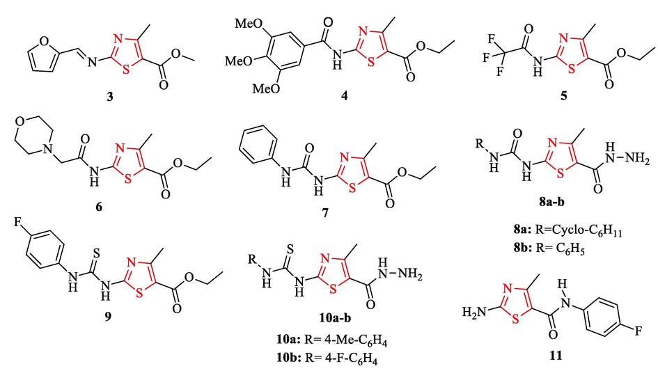 Chemical structures of 3–7, 8a-b, 9, 10a-b, and 11 (Rostom et al., 2014)