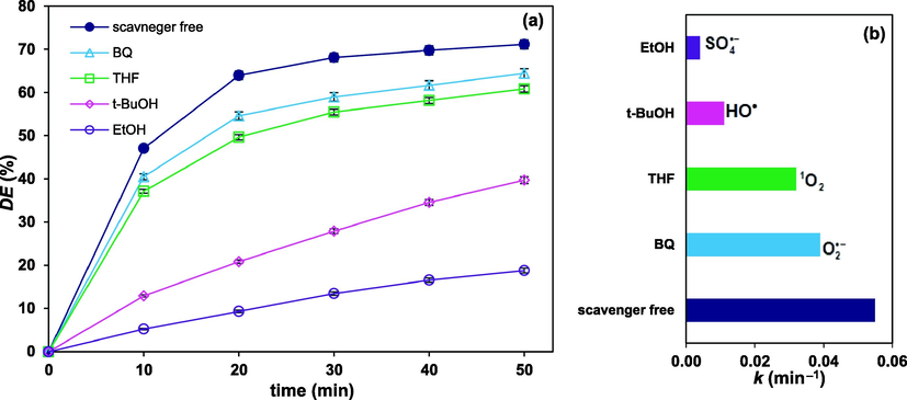 Variation of FLX degradation versus time with different scavengers (4%, v/v) under optimum conditions (a), and the corresponding rate constants (b).