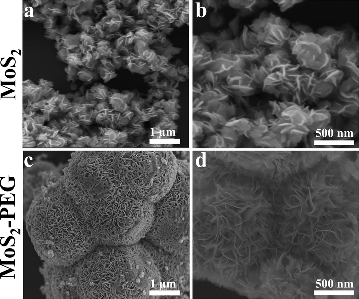 SEM images of (a, b) MoS2 and (c, d) MoS2-PEG.