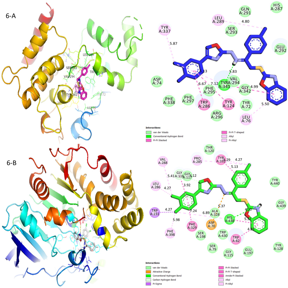 Protein-ligand interactions (PLI) profile of analogue-6: (A) for analogue-6 against acetylcholinesterase, while (B) for same analogue-6 against butyrylcholinesterase enzymes.