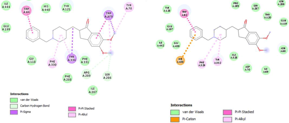 Binding interactions of standard Donepezil drug with acetylcholinesterase (left) and butyrylcholinesterase (right) enzymes and its 2D interaction diagram.