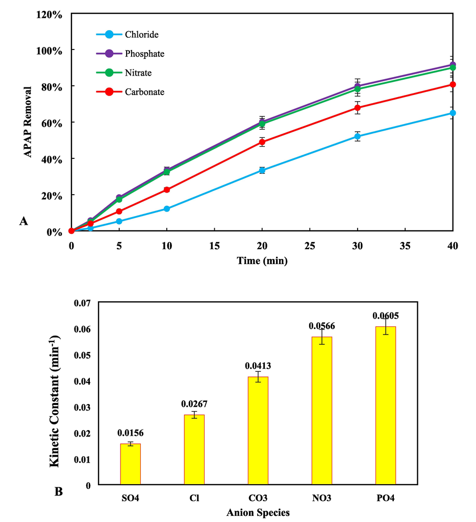 (A) The role of inorganic anions (NO3–, CO32–, Cl– and PO43–), (B) the kinetic constant in the photocatalytic process of APAP removal from 0 − 40 min (pH = 11, PS = 1 mM and Fe,Cu@g-C3N4 = 10 mg/L).