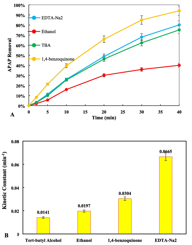 (A) The role of active species, and (B) kinetic constant of effect of active species in the photocatalytic degradation of APAP (pH = 11, PS = 1 mM and Fe,Cu@g-C3N4 = 10 mg/L).