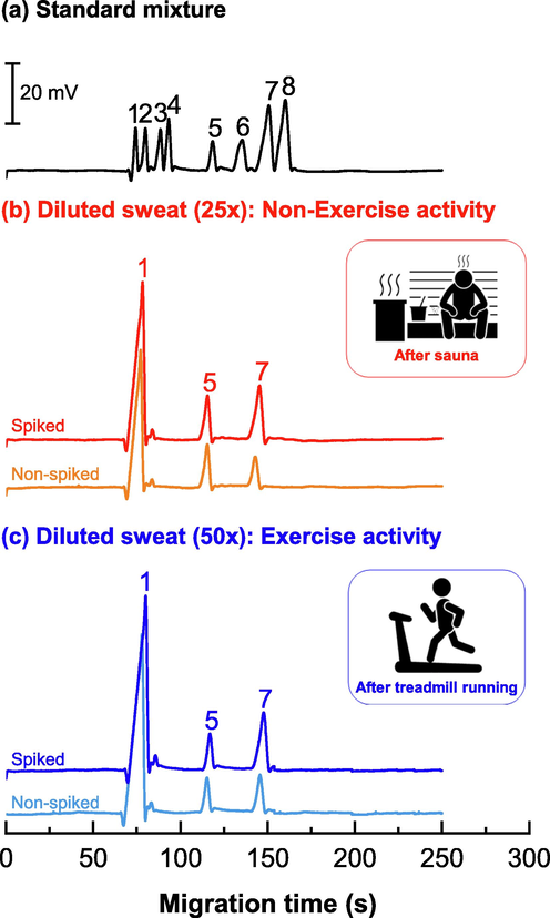 Electropherograms of (a) a standard mixture of eight anions; (b) diluted sweat (25-fold) from a non-exercise activity (after sauna); (c) diluted sweat (50-fold) from an exercise activity (after treadmill running). The samples were spiked with standard lactate (0.5 mM) and maleate (1.0 mM, IS). Peak identifications: 1. Chloride (0.3 mM), 2. Nitrate (0.3 mM), 3. Sulfate (0.3 mM), 4. Oxalate (0.4 mM), 5. Maleate (1.0 mM, IS), 6. Acetate (0.4 mM), 7. Lactate (1.0 mM), 8. Phosphate (1.0 mM). The running buffer condition is 40.0 mM MES/L-His buffer (pH 6.0) containing 0.05 mM CTAB and 0.1 mM TRIME-β-CD. (See Section 2.4. for CE conditions).