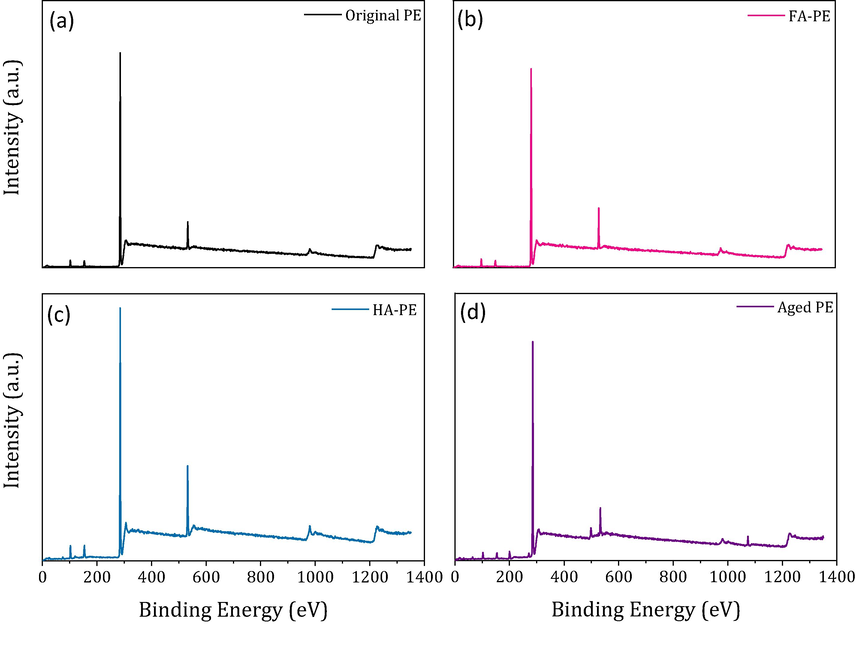 The X-ray photoelectron spectroscopy spectra of original PE (a), aged PE-MPs with the presence of FA (b), aged PE-MPs with the presence of HA (c), and aged PE-MPs without FA and HA (d).