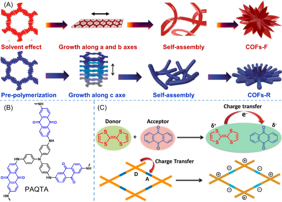 (A) Schematic illustration of the proposed self-assembly mechanism of flake flowers (COFs-F) and rod flowers (He et al., 2022). (B) Chemical structure of PAQTA. (C) Schematic diagram of the charge transfer in tetrathiafulvalene and anthraquinone-based donor–acceptor COF (Li et al., 2020).