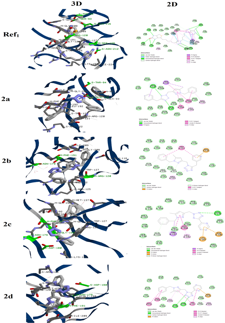 3D and 2D binding mode of the Biotin protein ligase in Staphylococcus aureus active site with Ref1 and compounds 2a-2d.