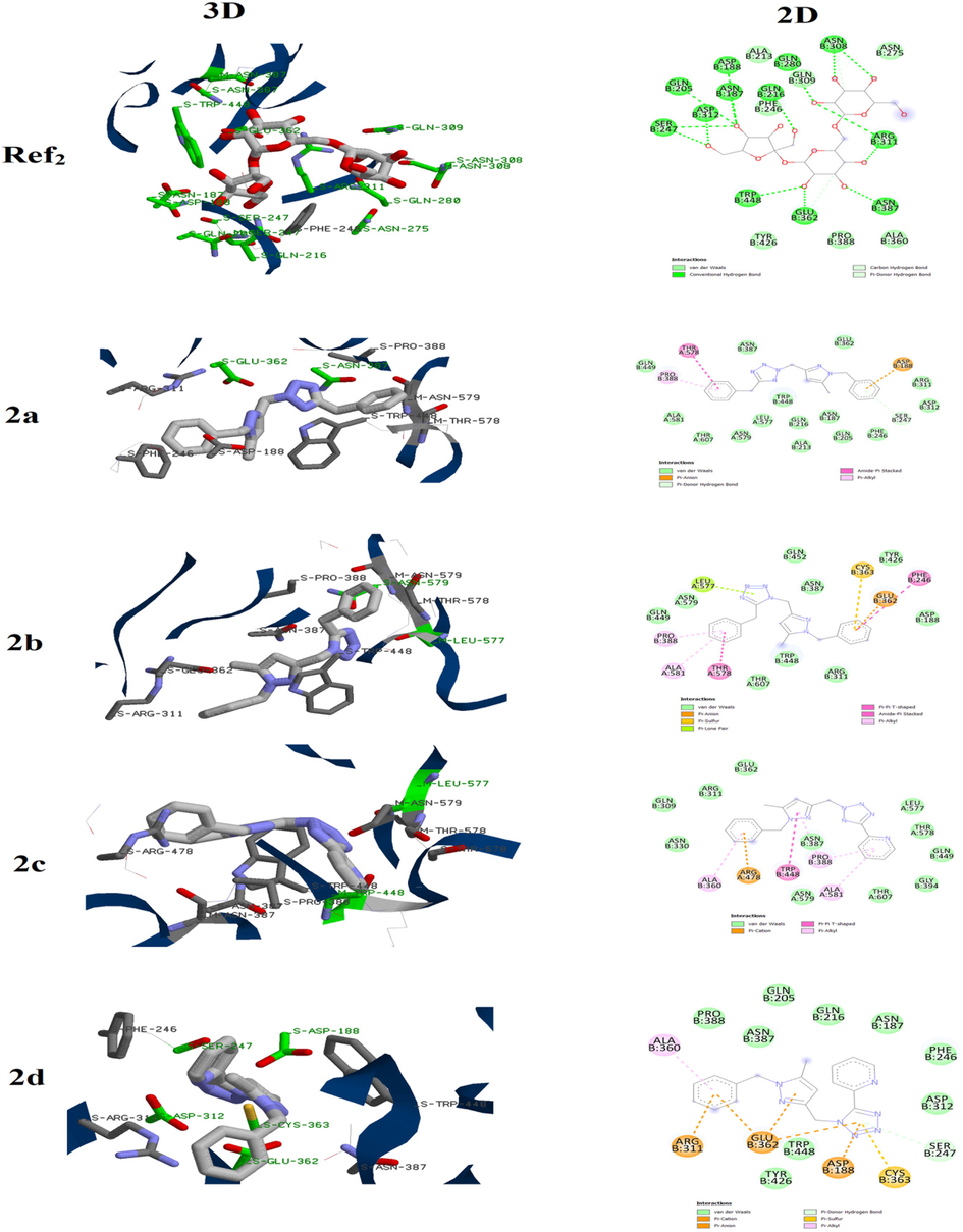 3D and 2D binding mode of the β–Fructofuranosidases active site with Ref2 and compounds 2a-2d.