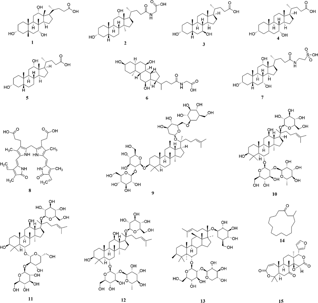 Chemical structures of 14 compounds in BBDC and one internal standard (IS). 1. Cholic acid; 2. Glycodeoxycholic acid; 3. Ursodeoxycholic acid; 4. Chenodeoxycholic acid; 5. Deoxycholic acid; 6. Glycocholic acid; 7. Taurocholic acid; 8. Bilirubin; 9. Ginsenoside Rb1; 10. Ginsenoside Re; 11. Ginsenoside Rd; 12. Ginsenoside Rg1; 13. Notoginsenoside R1; 14. Muscone; 15. Obacunone (IS).