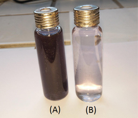 Photograph of tannery effluent before (A) and after (B) filtration through the ceramic membrane.