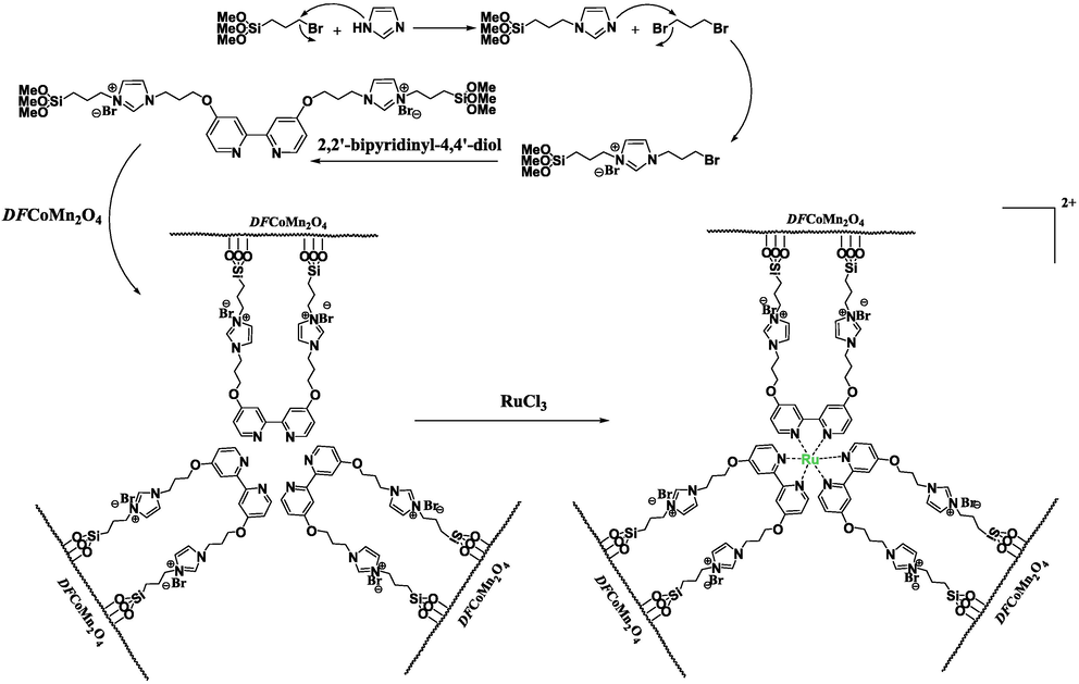 Co-immobilization procedure of IL@Ru(II) onto DFCoMn2O4.