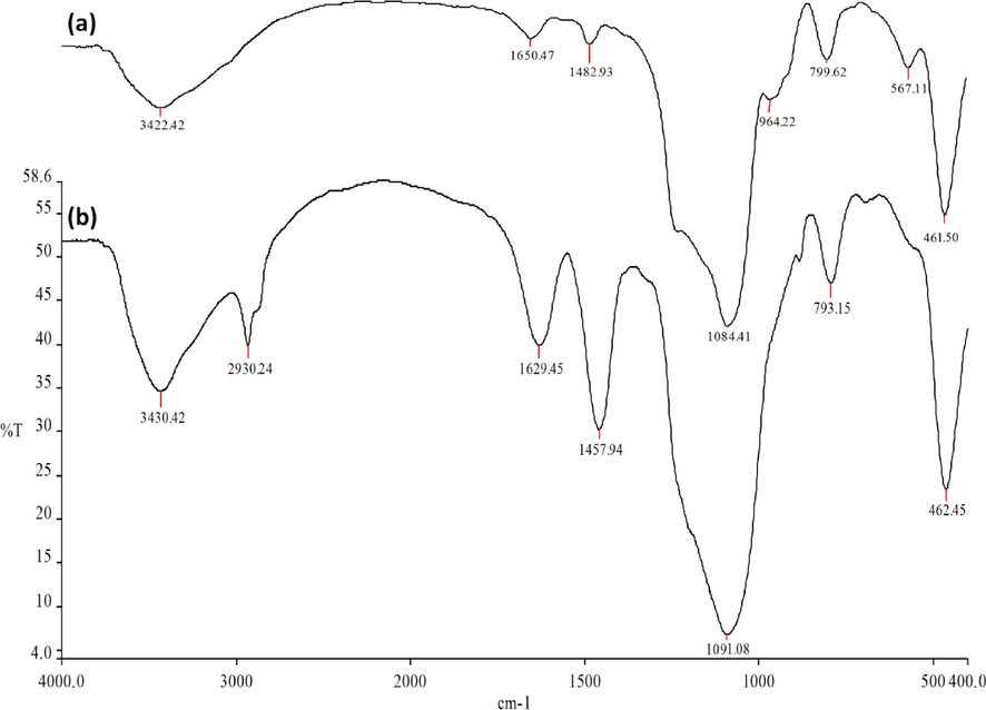 FTIR spectra of DFCoMn2O4 (a), and DFCoMn2O4/IL@Ru(II) (b).