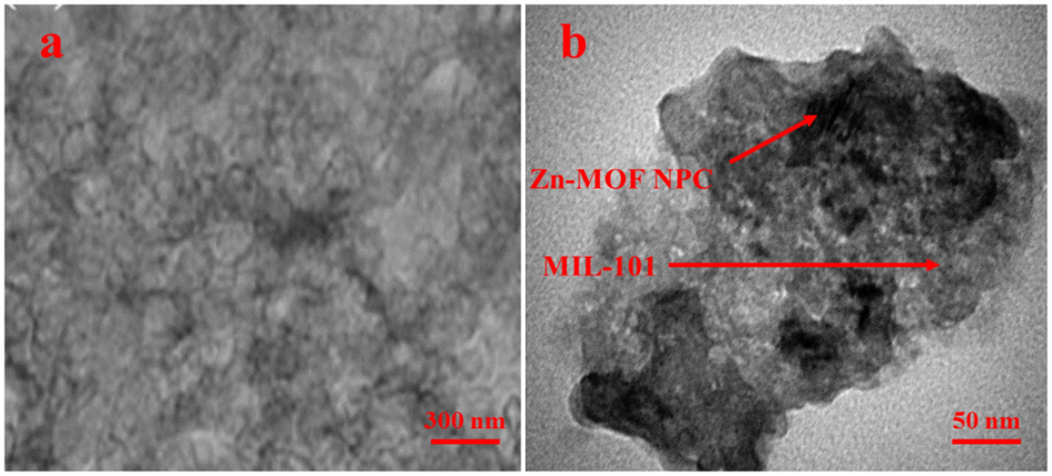 The TEM image a) Zn-MOF NPC and b) Zn-MOF NPC@ MIL nanohybrid.