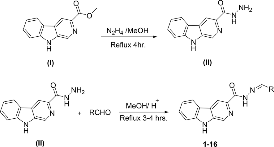 Synthesis of (E)-N'-aryl-9H-pyrido[3,4-b]indole-3-carbohydrazide (1–16).