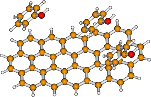 Example of the adsorption of three phenol molecules onto the surface as truncated graphene used as activated carbon.