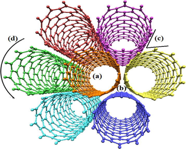 Possible adsorption sites for the interaction of contaminants with carbon nanotubes: (a) internal sites, (b) interstitial channels, (c) external grooves, and (d) exposed surface sites. Due to the hollow structure of carbon nanotubes, the internal sites have the potential to adsorb contaminants. The interstitial channels that are available between the individual nanotubes are easily accessible for the adsorbate molecules. External grooves on the periphery of the nanotube bundles and the exposed surface sites also provide the sites to adsorb pollutants in water (Mashkoor and Nasar, 2020).