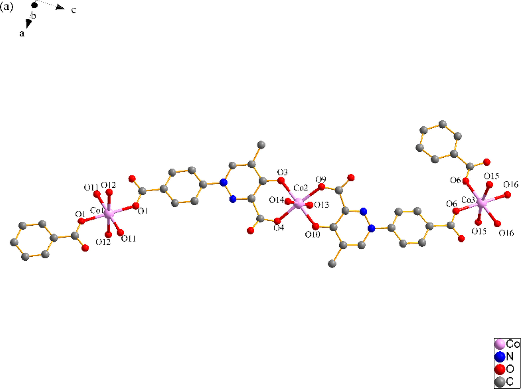 (a) Coordination environment of Co(II) ion in SNUT-12, in which the hydrogen atoms and free water molecules are omitted for clarity; (b) A View of 1D infinite chain of asymmetric unit was connected; (c) A View of 3D structure along the b axis in SNUT-12.