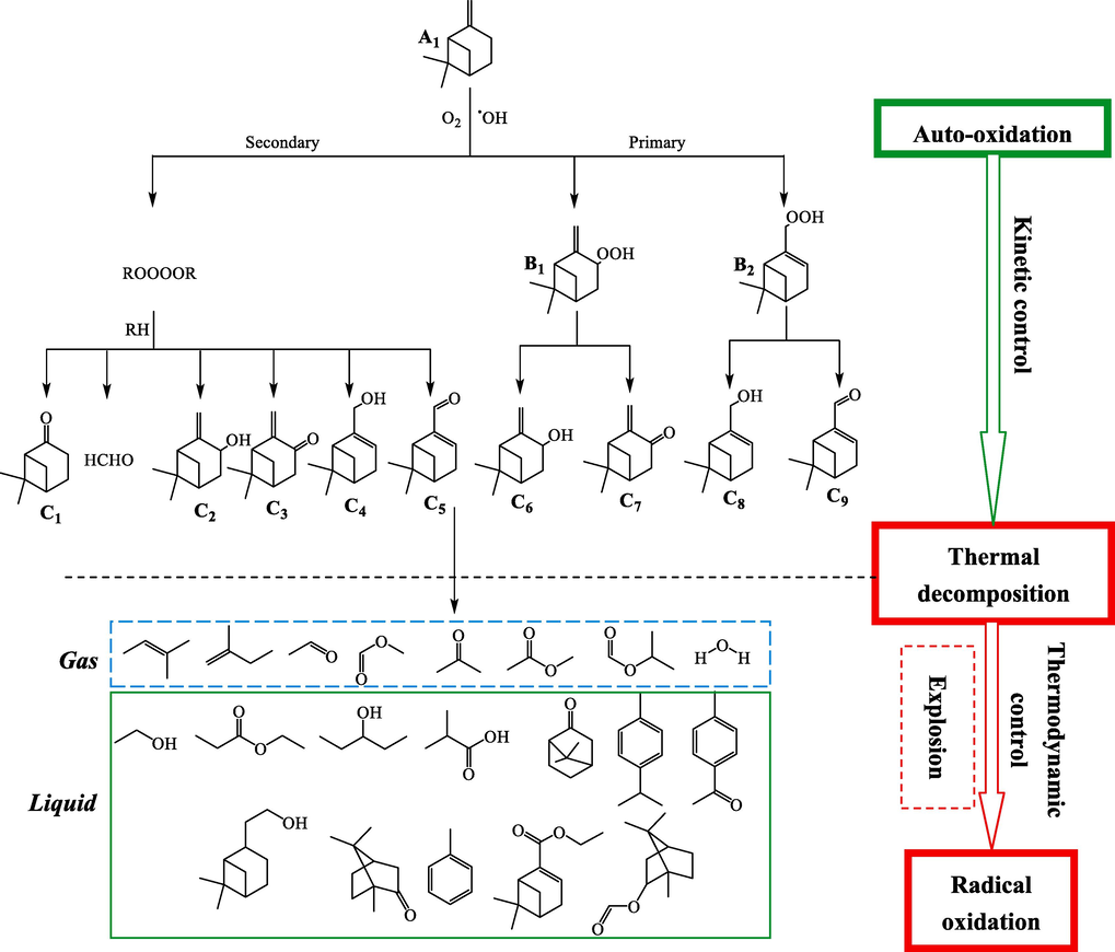 The pathway of β-pinene auto-oxidation and thermal decomposition reaction.