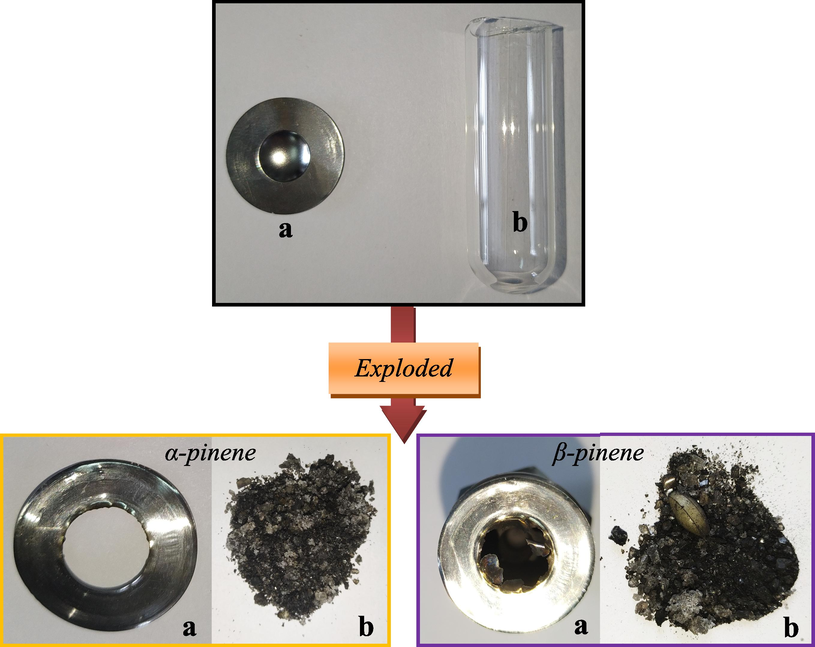 The aftermath of α-pinene and β-pinene oxidation (a) rupture disk (b) glass container.