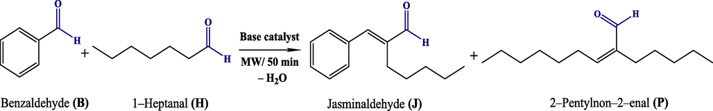 Aldol condensation reaction of benzaldehyde with 1–heptanal.