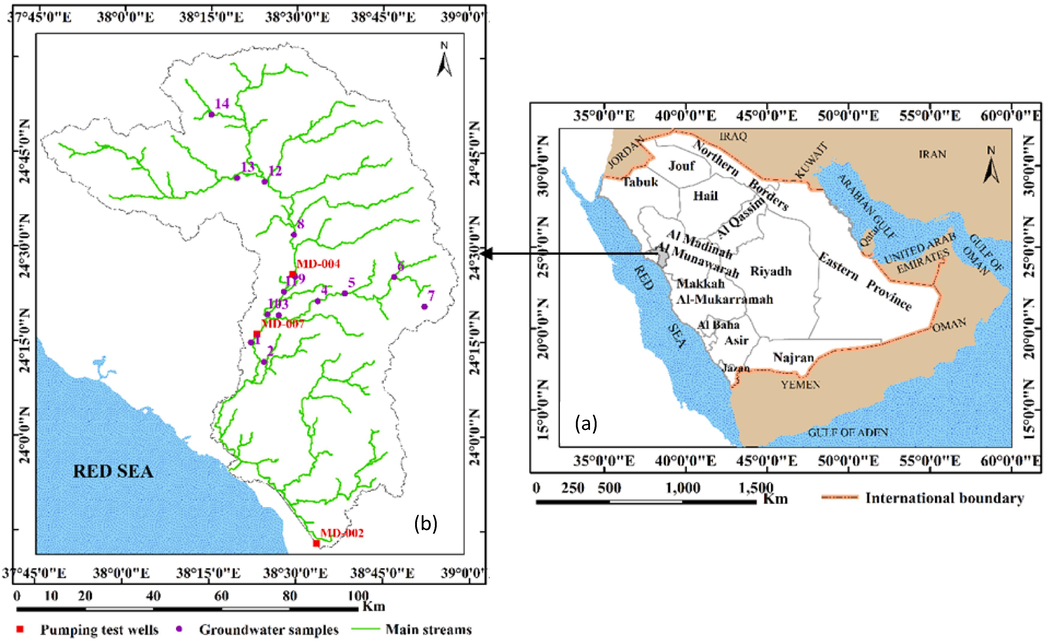 (a) Key map of Wadi Yanbu Al-Nakhl, Al-Madinah Al-Munawarah Province and (b) locations of groundwater wells.