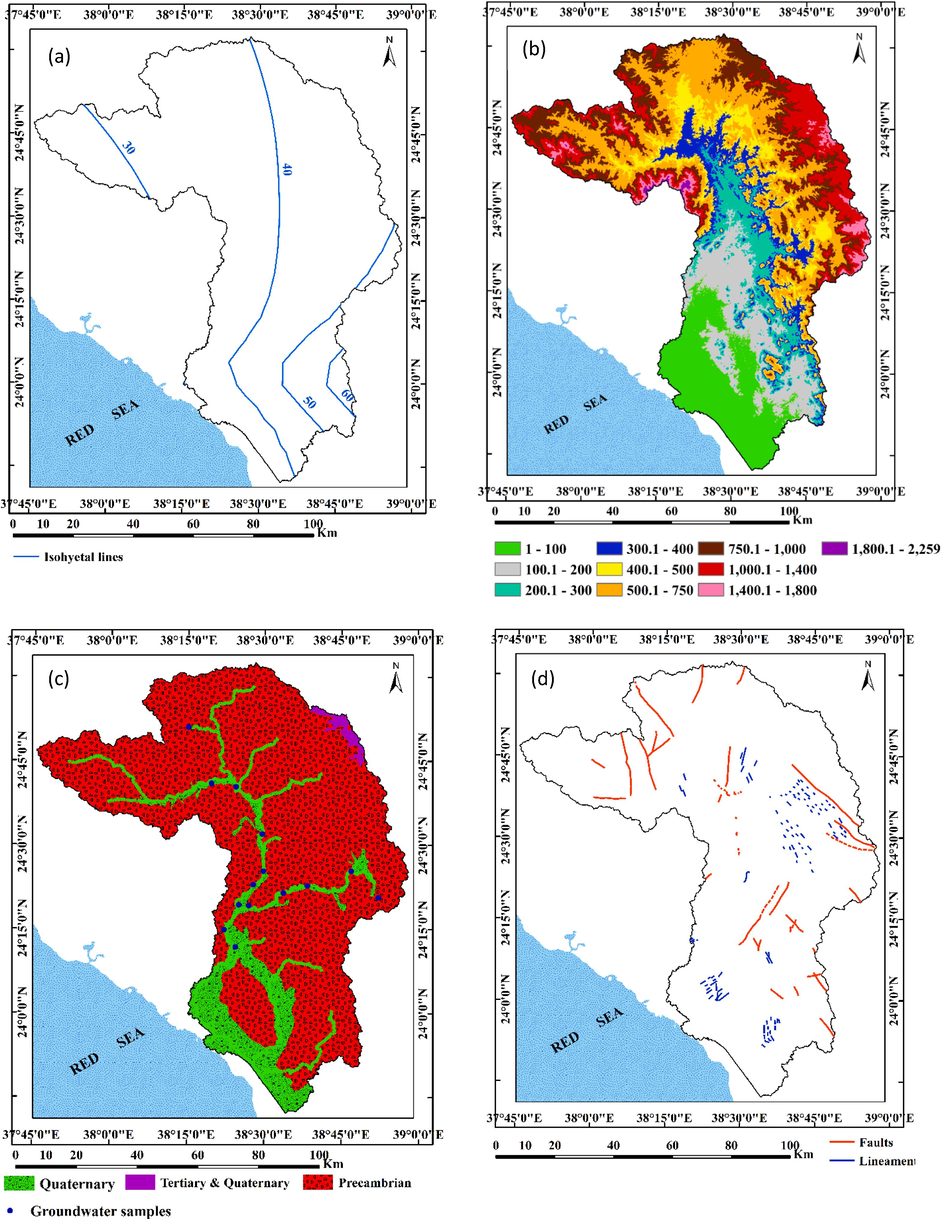 Distribution of annual rainfall (a), Digital Elevation Model (DEM) in meter (b), geological map (c) and a complex network of fractures and faults (d) of Wadi Yanbu Al-Nakhl, Al-Madinah Al-Munawarah Province.