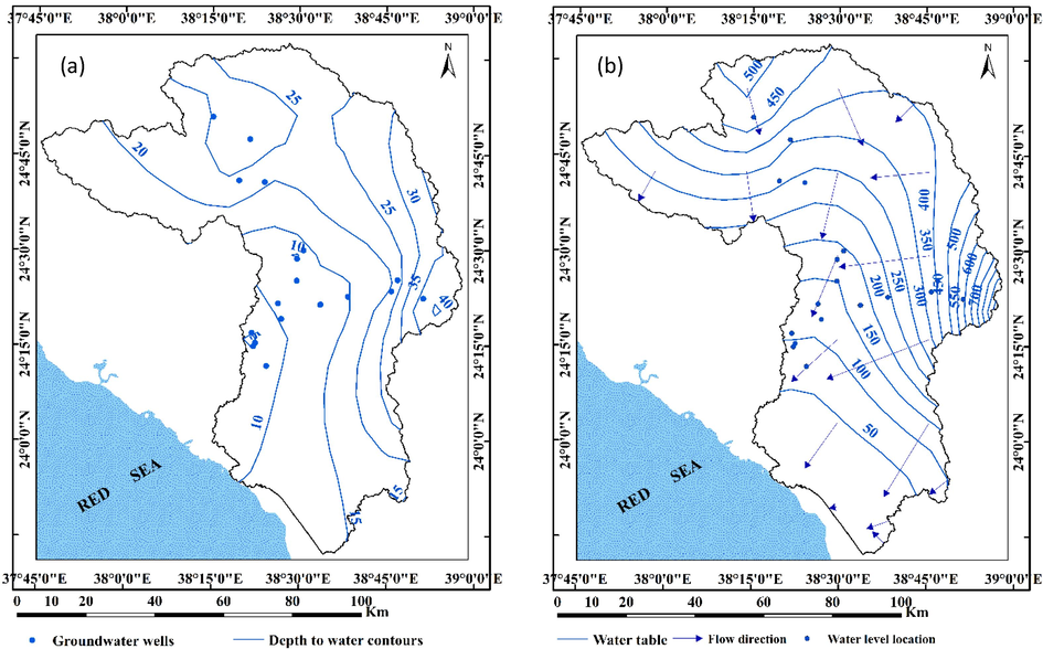 Distribution maps of depth to water (a) and water table (b) in Wadi Yanbu Al-Nakhl, Al-Madinah Al-Munawarah Province.