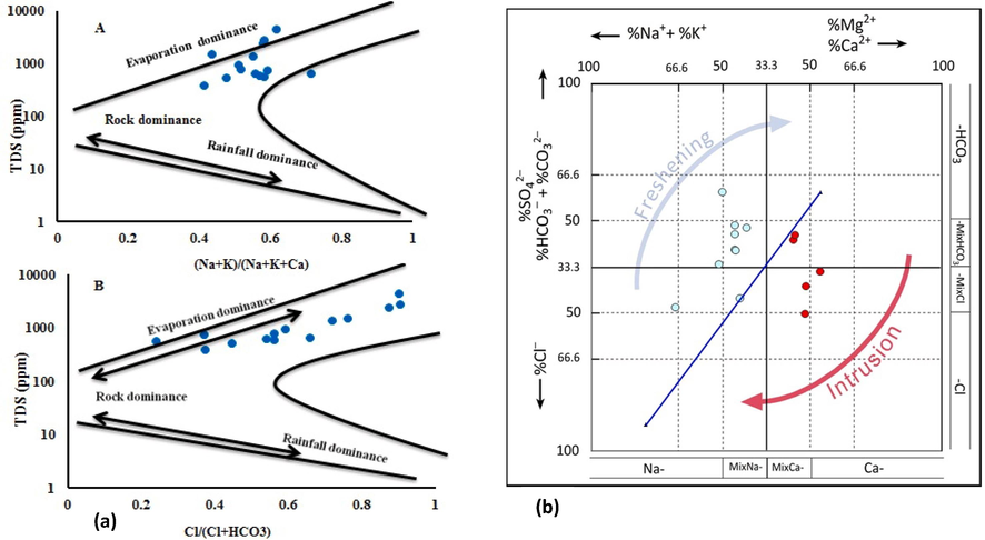 Geochemical controlling mechanisms for groundwater in Wadi Yanbu Al-Nakhl basin: (a) Gibbs diagram and (b) Hydrochemical facies evolution diagram (HFE).