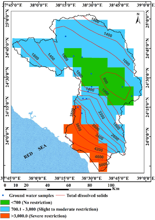 Spatial distribution map of TDS in Wadi Yanbu Al-Nakhl basin.