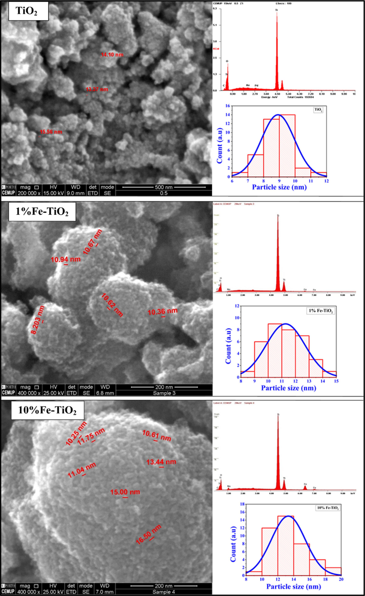 SEM-EDS images of undoped and Fe-doped TiO2 samples.