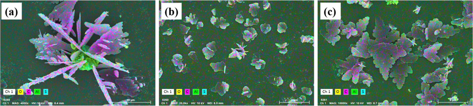 EDS-Mapping plots of sediments at different electrolysis times: (a) 30 min; (b) 40 min; and (c) 60 min.