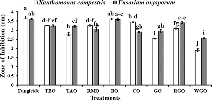 In-vitro antimicrobial potential of different essential oils on the growth of Xanthomonas campestris and Fusarium oxysporum. The error bars indicate the standard error. Different letters indicate significant differences (p < 0.05) among treatments according to Tukey’s multiple range test. Fungicide (Difenoconazole), TBO (Tansy Blue Oil), TAO (Tuberose Absolute Oil), RMO (Rose Marry Oil), BO (Bergamot Oil), CO (Cedarwood Oil), GO (Geranium Oil), RGO (Rose Geranium Oil), WGO (Winter Green Oil).