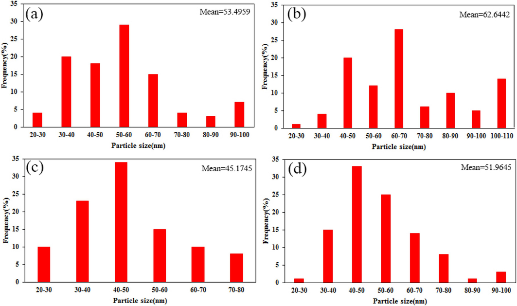 Particle size distribution histograms of the samples (a) 1, (b) 2, (c) 3, and (d) 4.