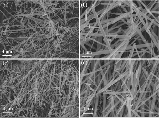 SEM images of ZnONWs (a and b) and PdCl2/ZnONWs (c and d).