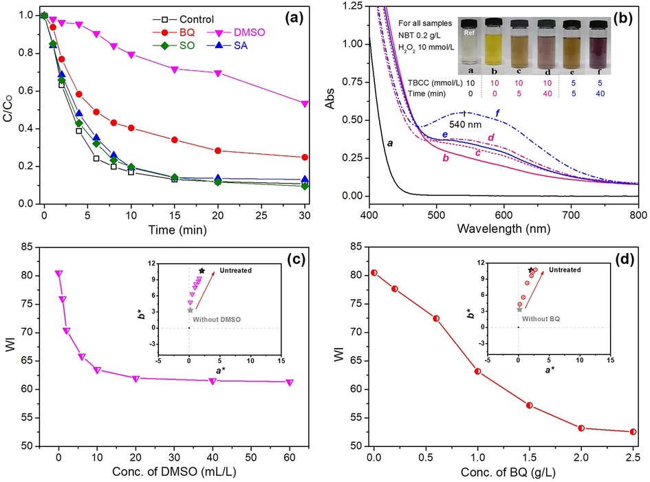 (a) Impact of radical scavengers on morin degradation in UVA-assisted TBCC/H2O2 bleaching system; (b) Colouration reaction between NBT and O2–•; and impact of the concentration of (c) DMSO and (d) BQ on the WI, a* and b* of bleached fabrics.