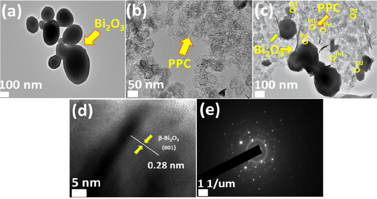 TEM images of (a) Bi2O3 (b) PPC (c) Pd@PPC/Bi2O3 (d) HRTEM image of Bi2O3 (e) Selected area electron diffraction of Pd@PPC/Bi2O3 photocatalyst.