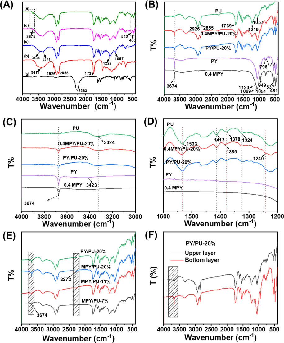 (A) FT-IR spectra of TDI (a), castor oil (b), and the composite coatings on the urea granules: (c) PU, (d) PY/PU and (e) 0.4MPY/PU that related to a filling percentage of 5 wt%. (B) FT-IR spectra of the PU, PY, 0.4MPY and the PY/PU and 0.4MPY/PU composite films filling with 20 wt% PY or 0.4MPY, and their magnified FT-IR spectra in different ranges: (C) 4000–3000 cm−1, (D) 1600–1200 cm−1. (E) The FT-IR spectra of the upper layers for the composite films of different samples. (F) FT-IR spectra of the PY/PU composite films with a filling amount of 20 wt%.