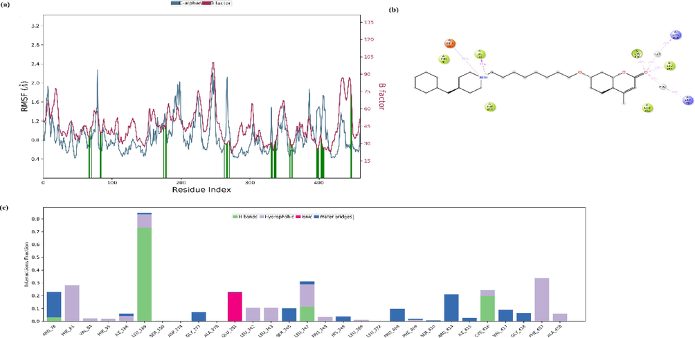 The Root Mean Square Fluctuation (RMSF) of protein (a), ligand interaction diagram (b), and protein–ligand contacts (c) in the MD system for 20 ns.