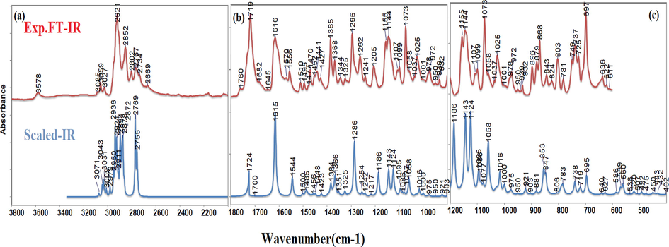 The experimental FT-IR and calculated IR spectra of C3 with 3800–2000 cm−1 (a), 1800–1000 cm−1 (b), and 1200–400 cm−1 (c) regions.